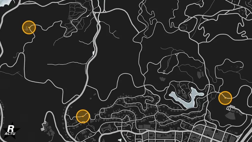 Carte de GTA Online donnant les emplacements des 3 villas de luxe achetables chez « Prix Luxury Real Estate » avec la mise à jour des manoirs.