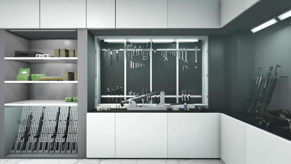 Armurerie personnelle dans un manoir. Un atelier d'armes s'y trouve