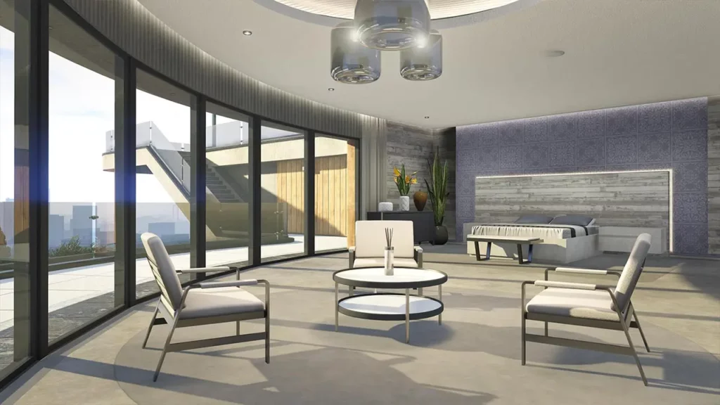 Grande chambre avec mobilier moderne et vue panoramique depuis des bais vitrées.