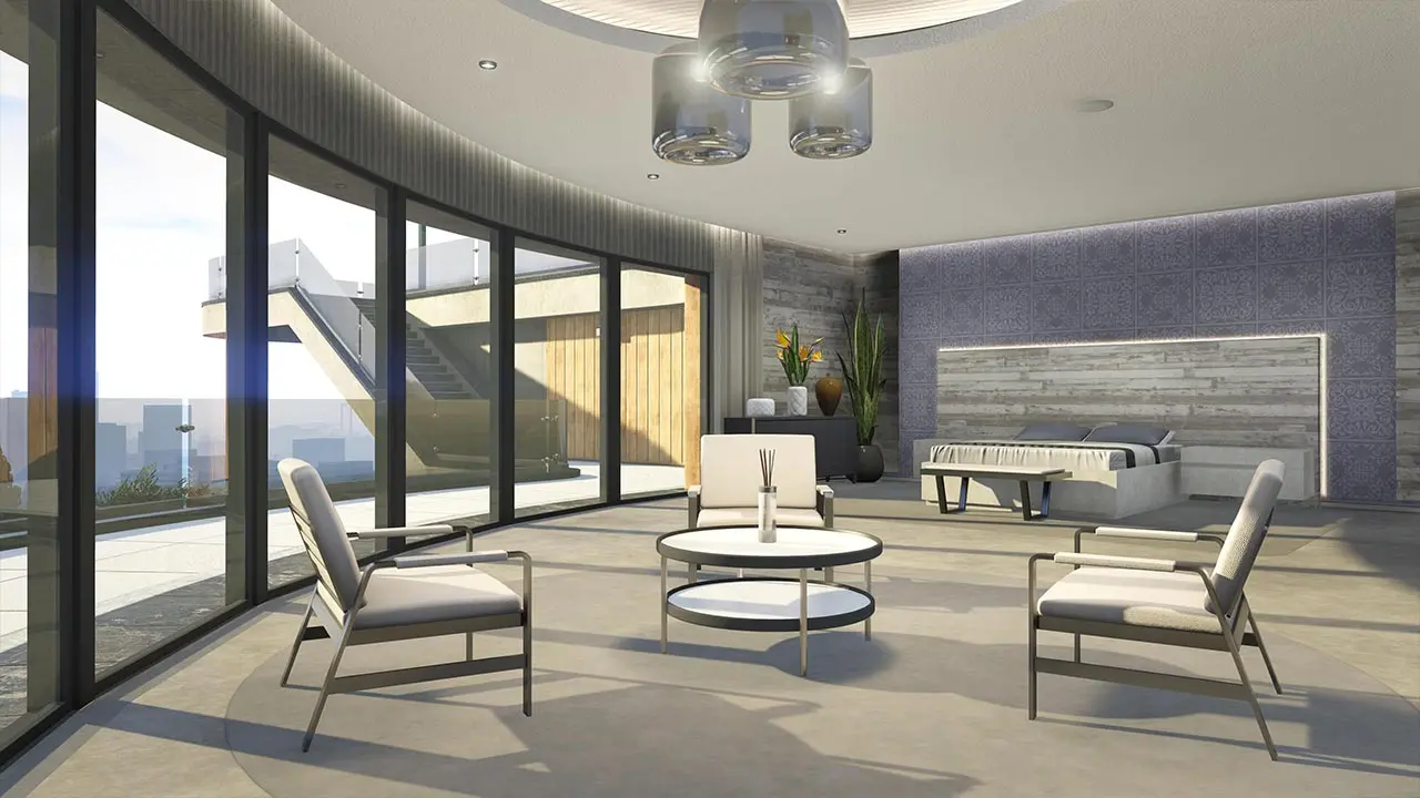 Grande chambre avec mobilier moderne et vue panoramique depuis des bais vitrées.