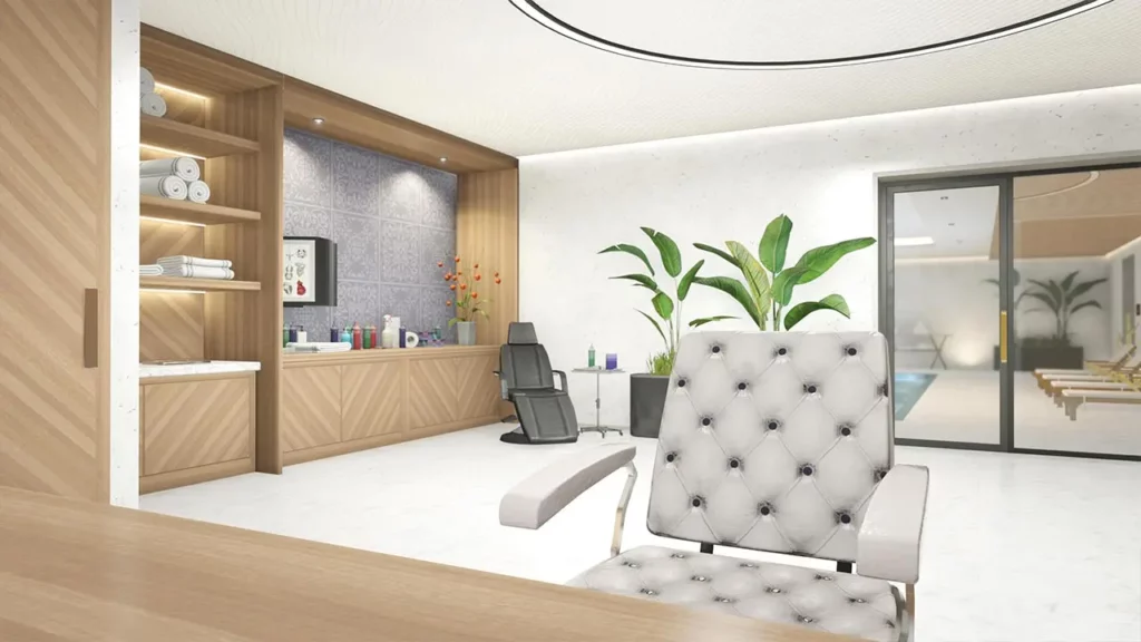 Salon privé de coiffure dans le manoir, il est possible d'apercevoir une piscine intérieure derrière une porte vitrée.