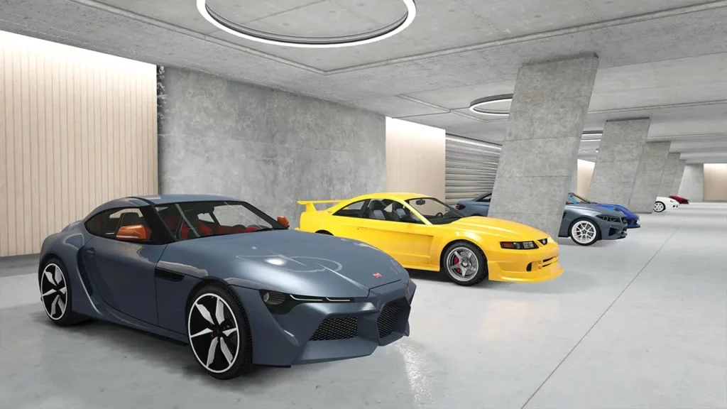 Un garage grand luxe dans un manoir de GTA Online, le garage est immaculé de blanc, du sol au plafond, avec du marbre au mur. Le garage dispose de voitures stationnées : Jester RR, Dominator ASP, Cypher et Comet S2.