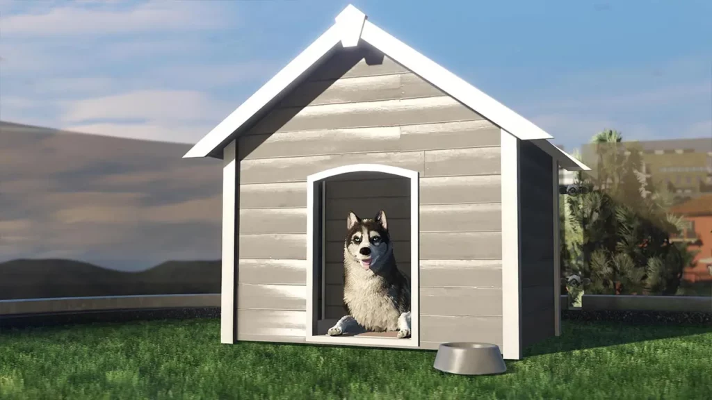 Un chien dans sa niche qui se trouve sur la terrasse d'un manoir.