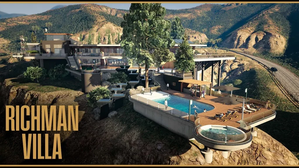 Vue de la terrasse suspendue de la villa de Richman dans les hauteurs de Vinewood.