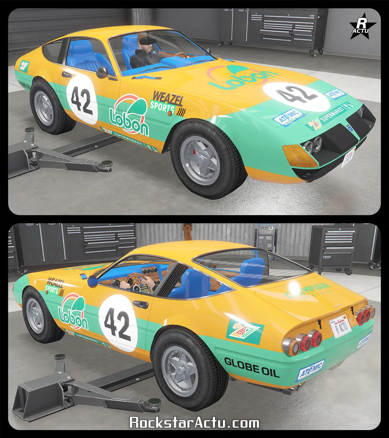 Décalcomanie de course automobile ajoutant une bande large entourant le bas de caisse de la carrosserie avec une décalcomanie de couleur vert menthe, tout en ajoutant divers autocollants dont le chiffre "42" dans un rond blanc, et les logos des sponsors "Lebon", "Weazel Sports", "Atomic" et "247 Supermarket"