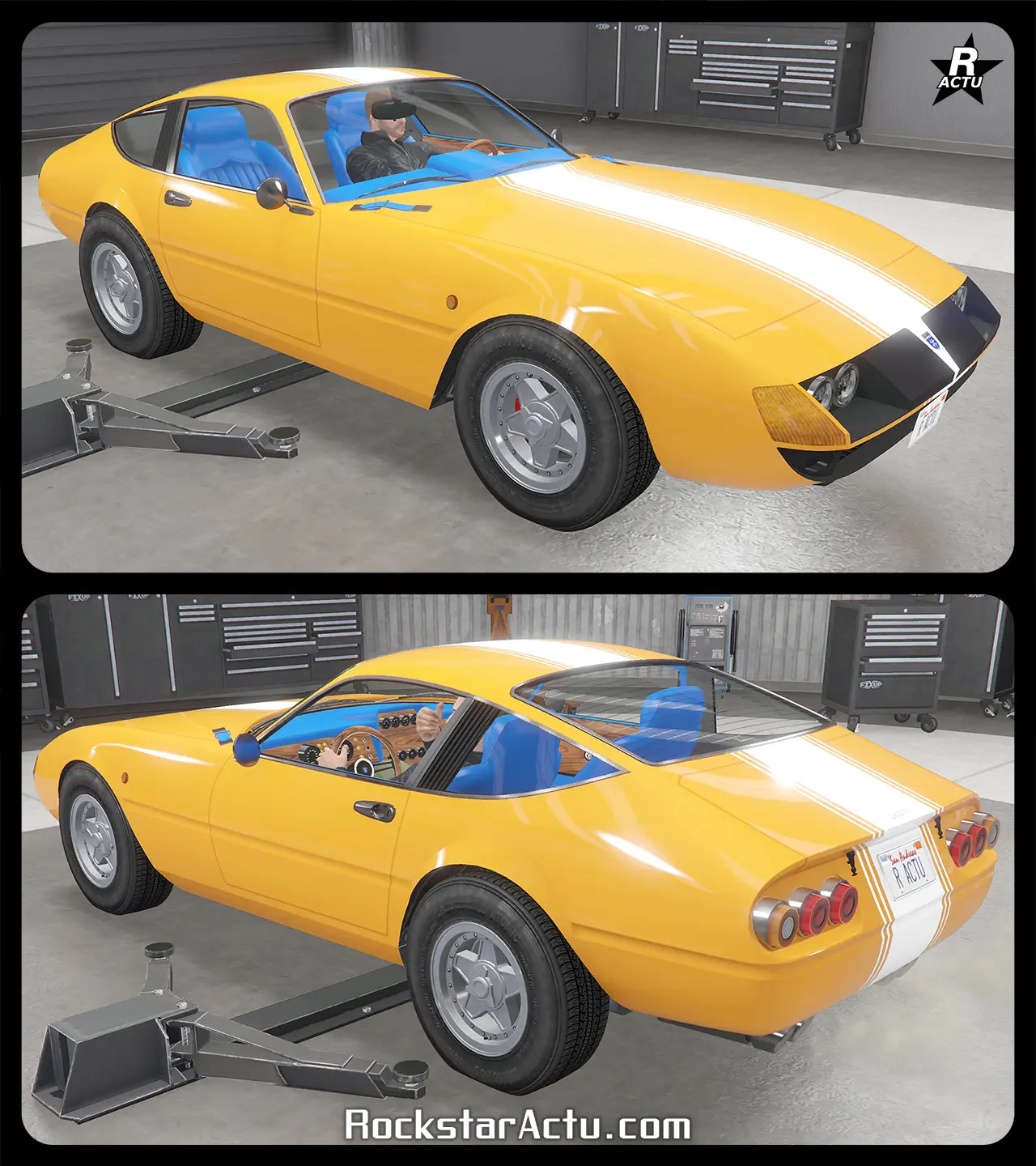 Décalcomanie d'une bande blanche large, entourée d'une double bande blanche de parte d'autres, traversant verticalement la carrosserie au centre.