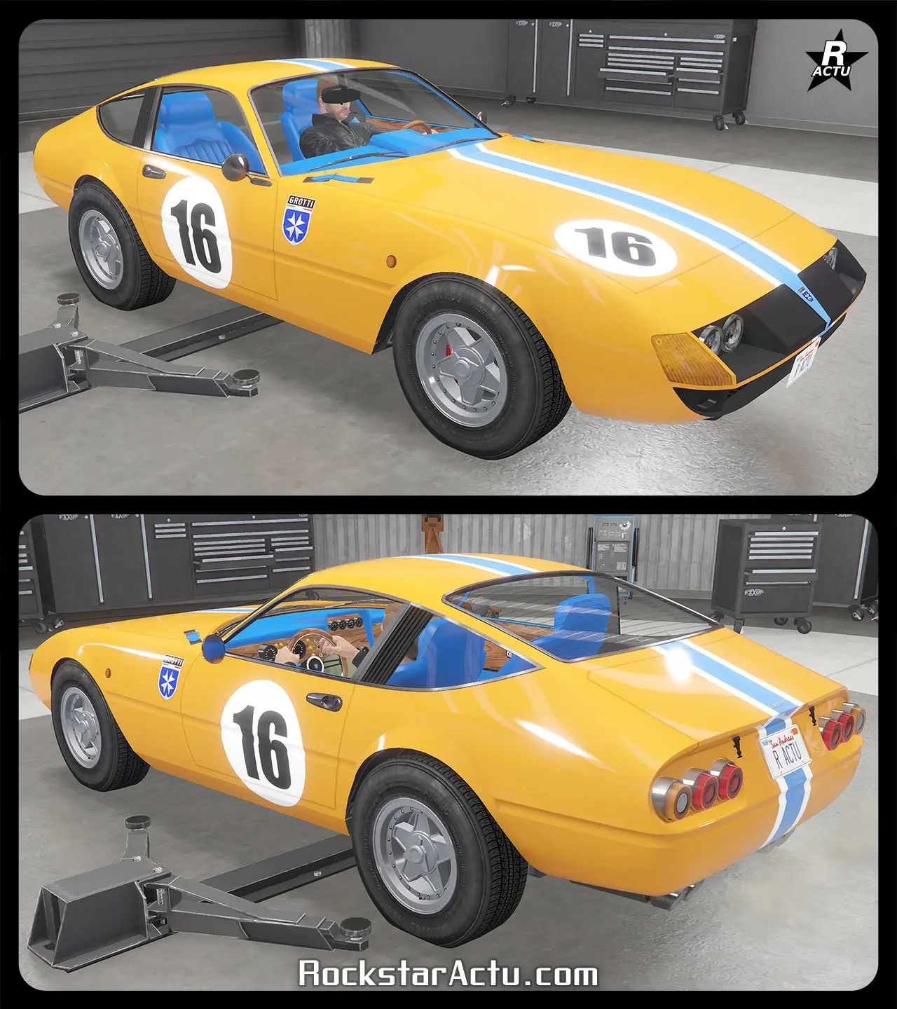 Décalcomanie d'une bande bleu avec une bordure blanche de parte et d'autres de cette bande, traversant le centre de la voiture verticalement. Sur le capot et les portières latérales, apparaissent un autocollant blanc et rond, avec le numéro de course automobile "16" écrit en noir et en gras dans le rond blanc.