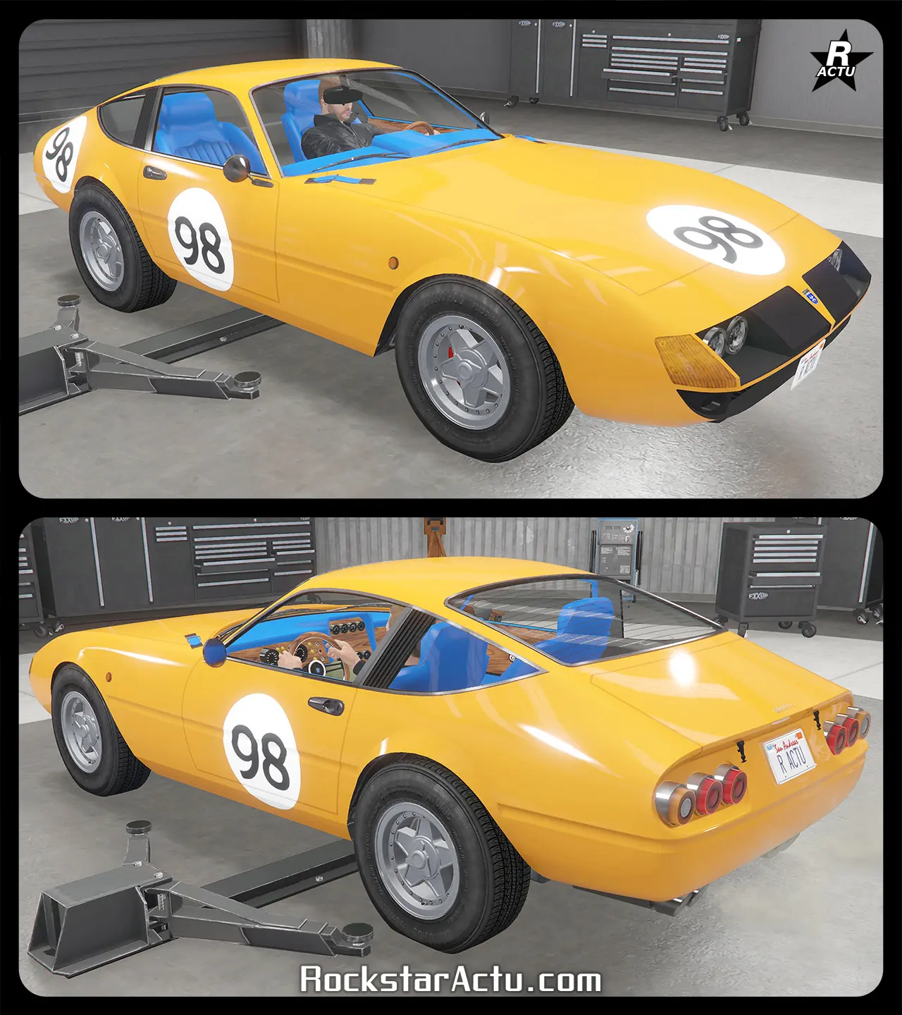 Autocollants rond et blanc avec le chiffre "98" à l'intérieur, apparaissant sur le capot, les portières latérales et sur l'aile arrière du côté passager.