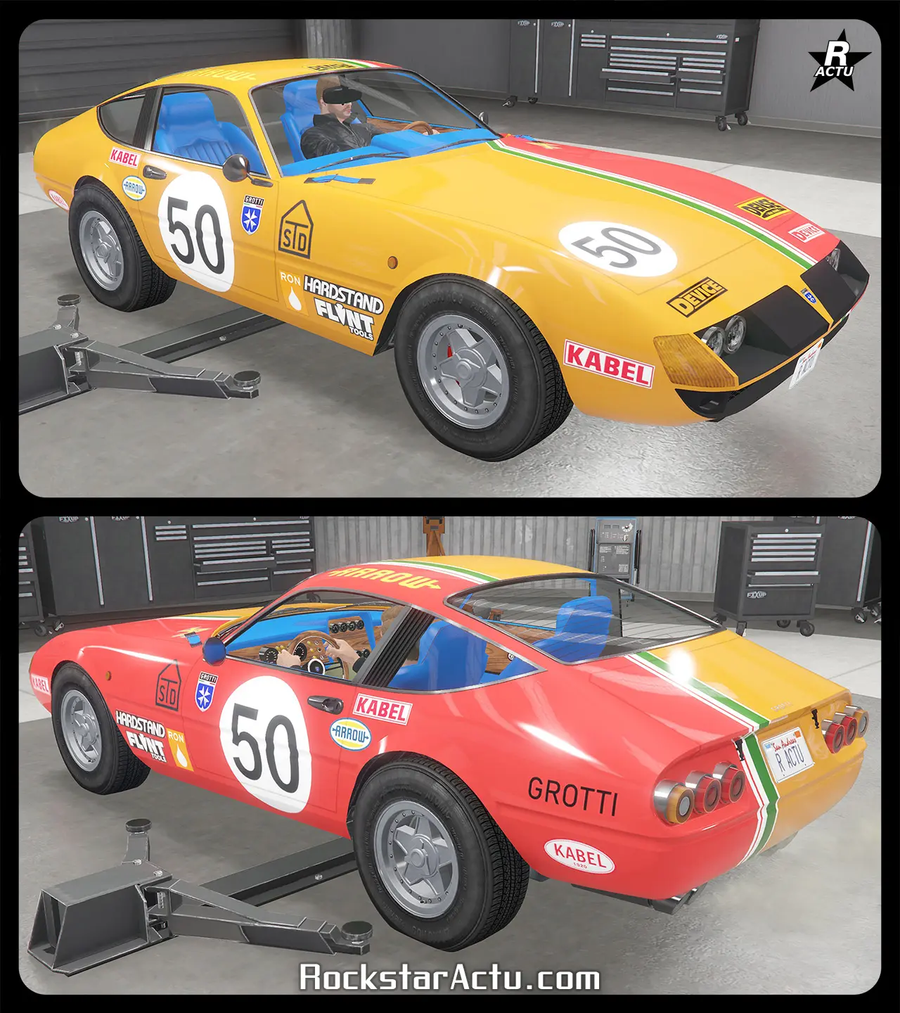 Calque rouge recouvrant intégralement le côté conducteur de la voiture, avec une démarcation d'une bande aux couleurs du drapeau italien. Des autocollants de course sont présents un peu partout sur la carrosserie de la GT750, dont le numéro "50" dans un rond blanc, et des logos de sponsors comme "Kabel", "Arrow", "STD", "Hardstone", "Flint" et "RON".