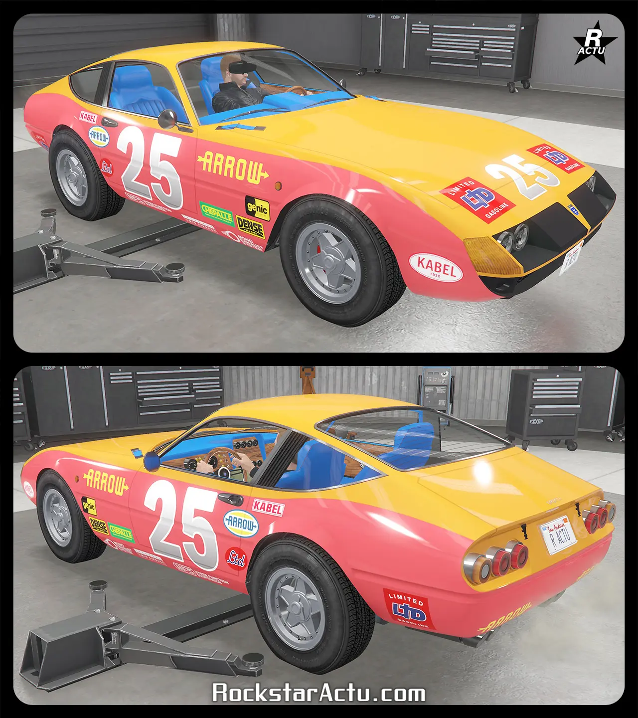 Skin de véhicule ajoutant une décalcomanie rouge recouvrant la partie inférieure des côtés latéraux, avec une incrustation du numéro "25" en blanc au niveau des portières, avec divers sponsors de course automobile, dont "Arrow", "Kabel", "Chepalle", "Dense" et "Genic".