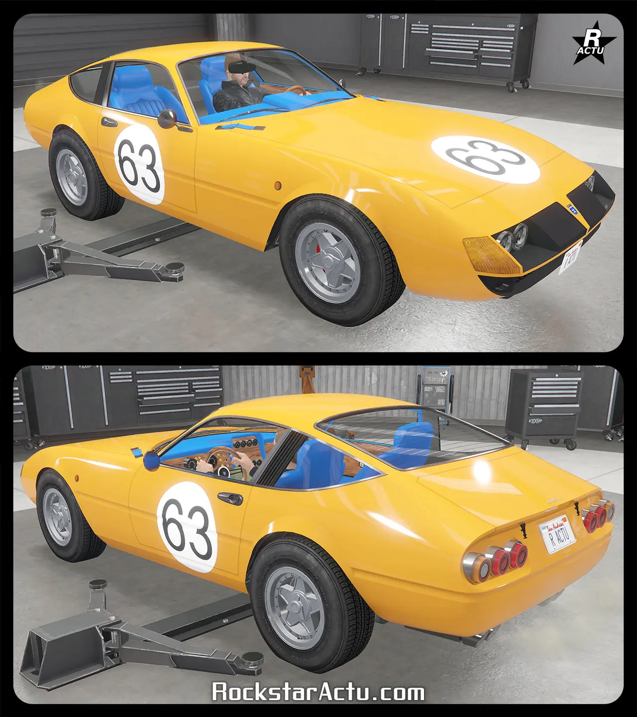 Décalcomanie de course old school ajoutant un autocollant blanc et rond, avec le numéro de course "63" à l'intérieur de ce rond qui apparaît sur les portières latérales et le capot.