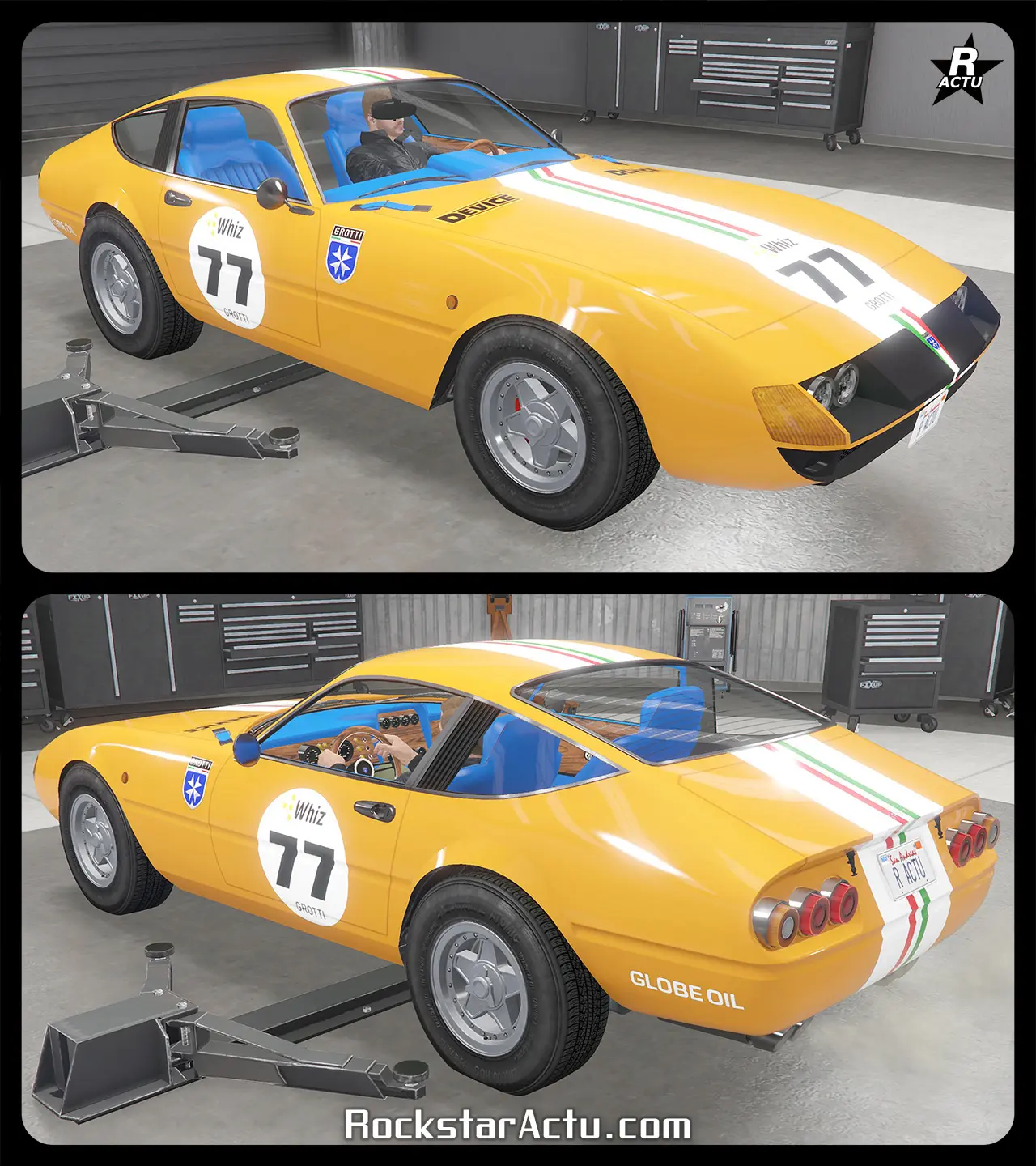 Décalcomanie d'une large bande blanche incrustée de 3 fines bandes aux couleur du drapeau italien, traversant verticalement le centre du capot, jusqu'au pare-chocs arrière. Un autocollant de course, un rond blanc incrusté du chiffre "77" et du logo "Whiz" apparaît sur les portières latérales et le bas du capot avant. Le logo du constructeur de cette voiture, Grotti, est appliqué de chaque côté sur les ailles avant.