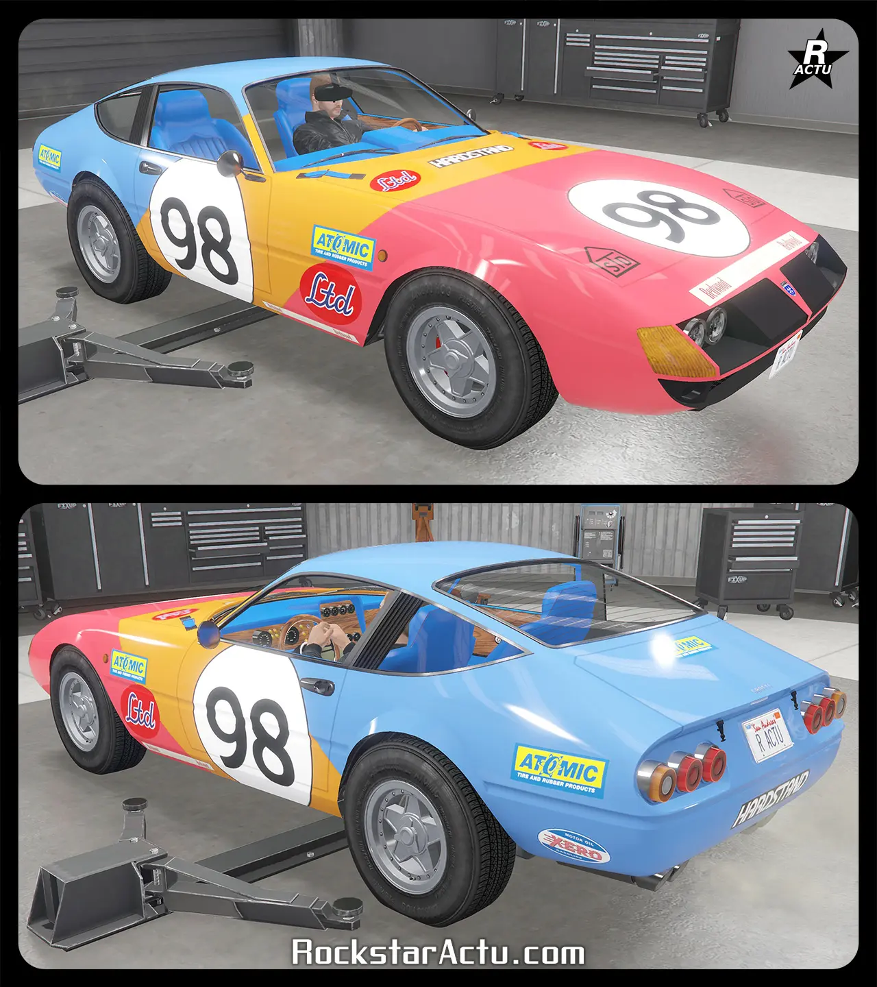 Décalcomanie recouvrant l'arrière du véhicule avec un vinyle bleu et un autre vinyle rouge sur la partie avant de le GT750. Seul la peinture au milieu du véhicule reste visible, entre les deux vinyles. Divers autocollants de course sont également présents, dont le numéro de course "98" dans un rond blanc sur le capot et les portières latérales, mais aussi des logos de divers sponsors comme "Hardstand", "Redwood", "Atomic", "LTD" et "STD" dissimilés un peu partout.