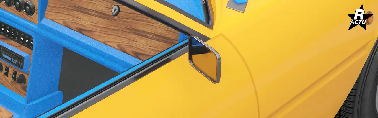 Rétroviseurs rectangulaires chromés fixés contre les portières latérales.