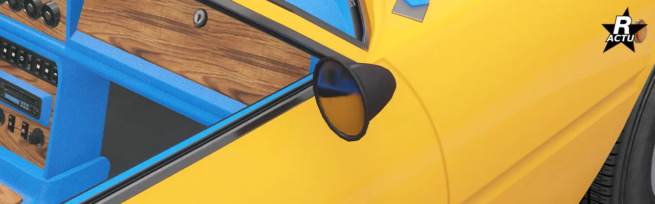 Rétroviseurs en forme de coupoles et en plastique noir fixés sur les portières.