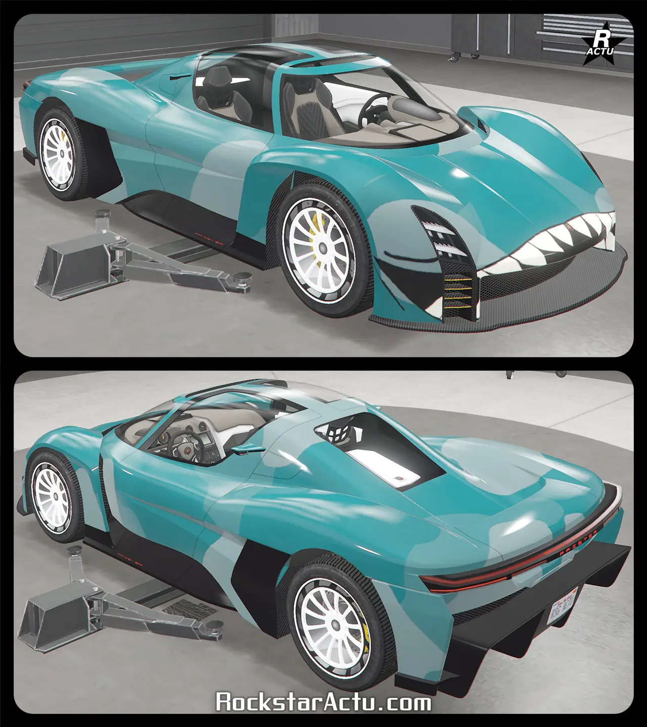 Décalcomanie ajoutant un camouflage blanc et gris sur la carrosserie, ainsi qu'un motif de dents de requin sur le pare-chocs avant, typique des voitures de course customisées.