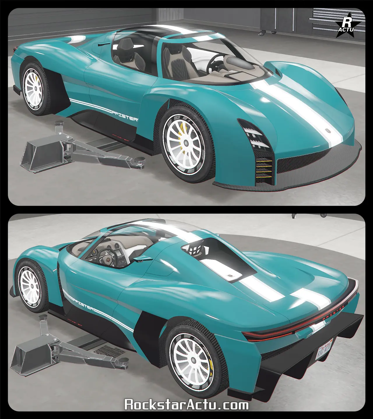 Bande large de couleur blanche traversant verticalement le centre du capot et du coffre du véhicule, avec une double bande blanche et le nom du constructeur, Pfister, sur le bas des portières.