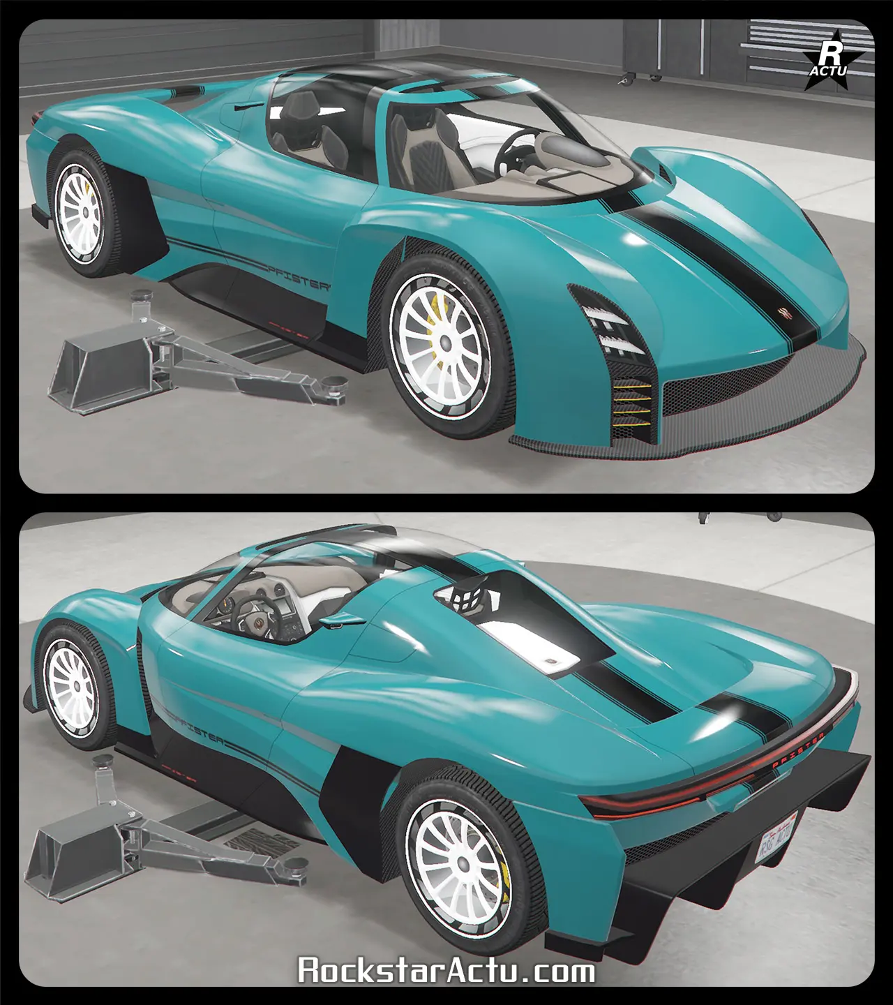 Motif d'une bande large de couleur noire traversant verticalement le centre du capot et du coffre du véhicule, avec une double bande noire et le nom du constructeur, Pfister, sur le bas des portières.