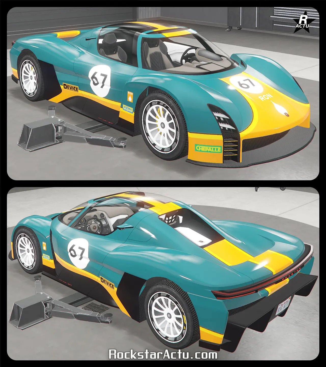 Décalcomanie recouvrant les bas de caisse et le centre du capot, toit et coffre avec un vinyle jaune. Le sponsors "RON" apparaît avec son logo au centre du capot, tandis que le numéro de course automobile "67" apparaît dans un rond blanc sur les portières et sur le capot.