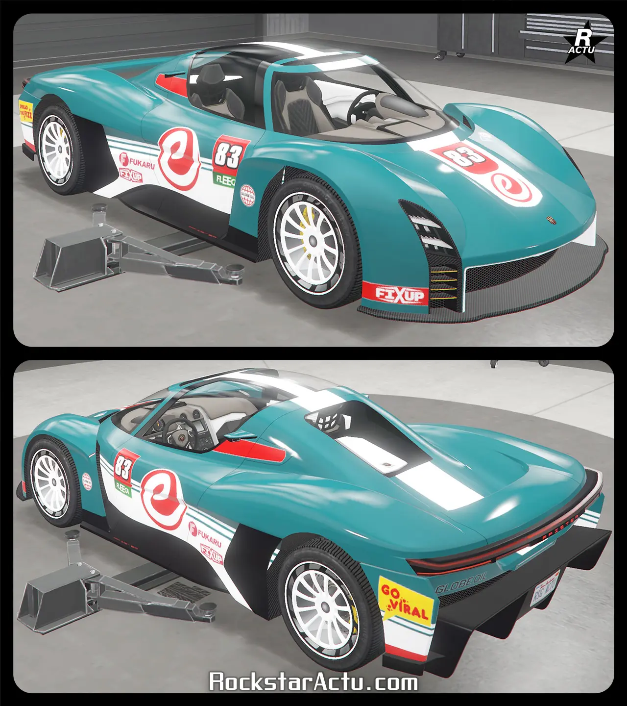 Décalcomanie recouvrant la partie inférieure de la carrosserie avec une décalcomanie blanche, ainsi qu'une bande blanche débutant en arrondi au centre du capot et se finissant sur le coffre du véhicule. Différents sponsors apparaissent sous forme d'autocollants, dont le logo de la boisson eCola en grand sur les portes latérales, ainsi que sur le capot.