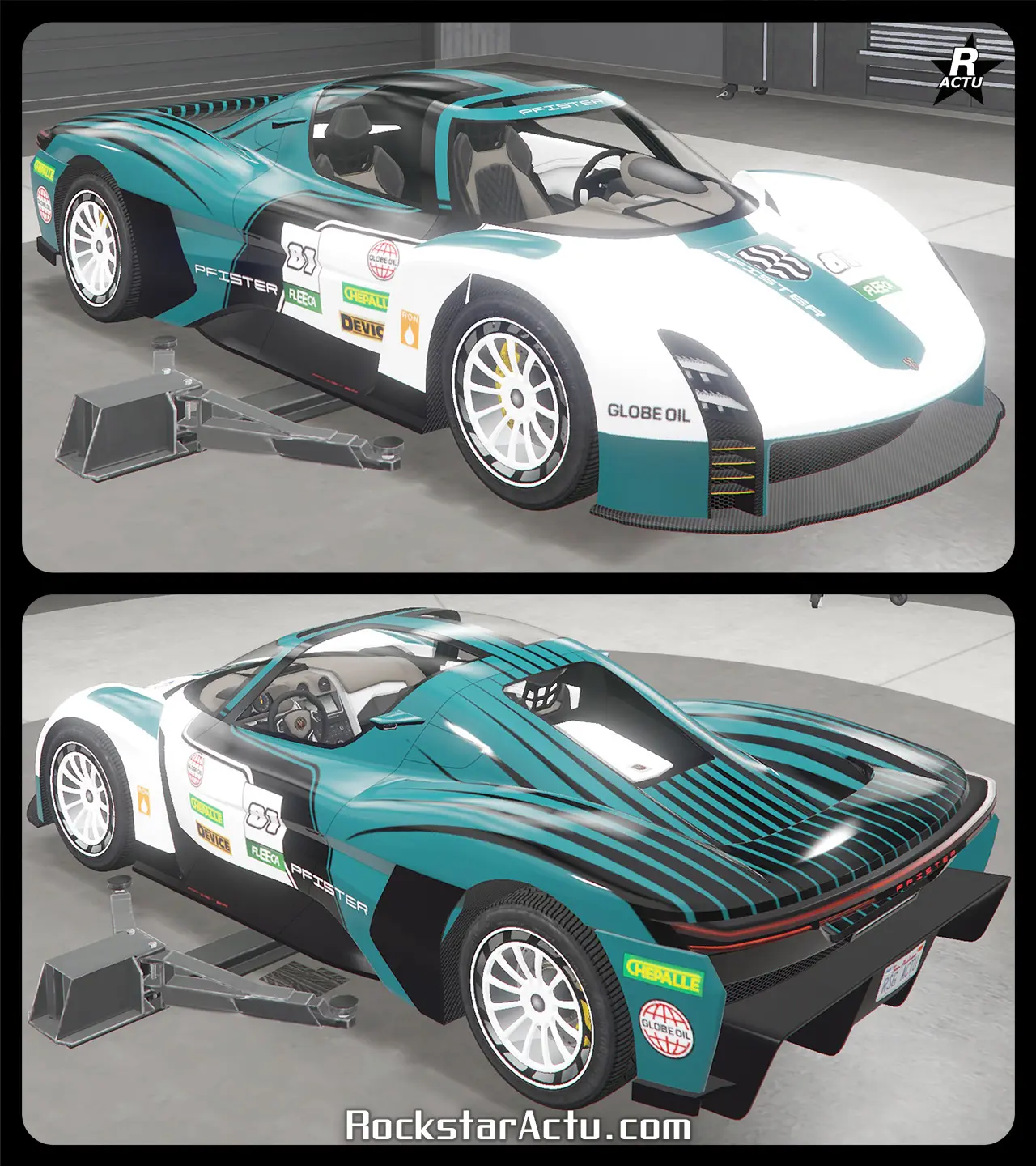 Motif de course automobile ajoutant une décalcomanie blanche recouvrant le capot et les ailes latérales avant. À l'arrière de la voiture allemande, des bandes noires zébrées recouvrent la carrosserie. Divers autocollants de sponsors sont présents sur les portières, dont "Fleeca", "Globe Oil", "Chepalle" et "Device".