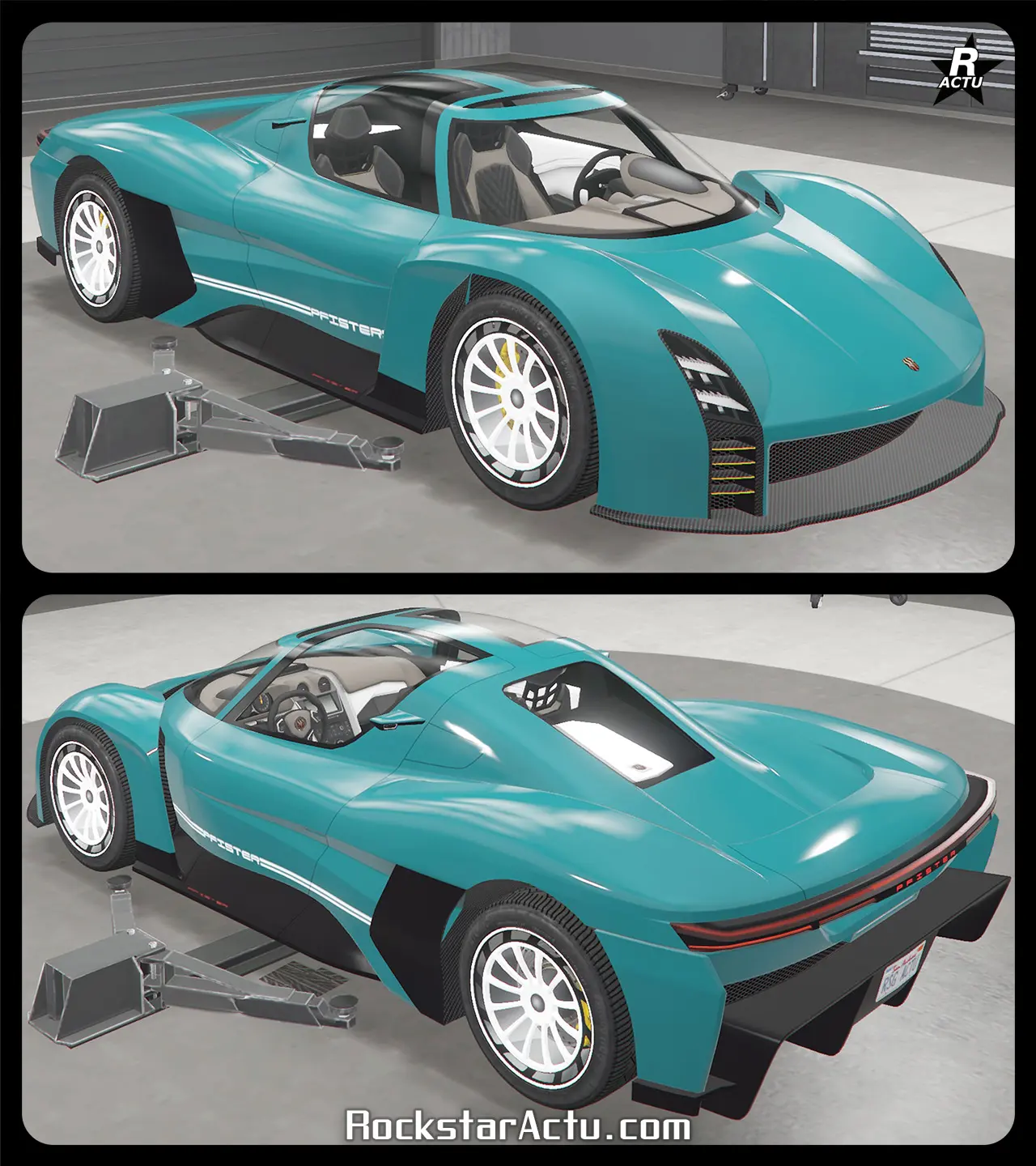 Décalcomanie d'une double bande blanche avec le nom du constructeur de cette voiture, sur le bas des portières latérales.