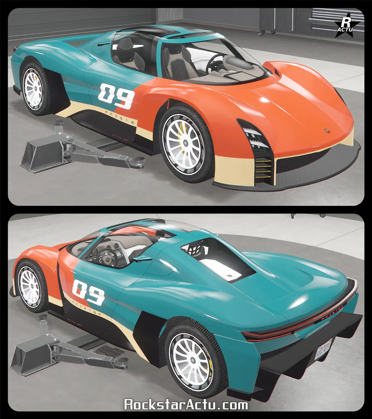 Décalcomanie recouvrant l'avant de la voiture avec un vinyle orange et les bas de caisse en beige. Un autocollant portant le numéro de course "09" apparaît en blanc sur les portières.