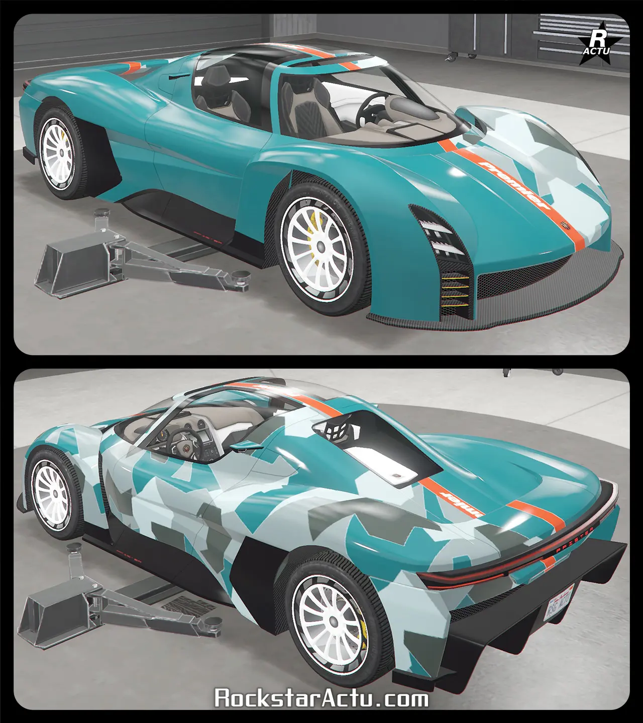 Décalcomanie ajoutant sur le côté conducteur du bolide, un motif de camouflage géométrique blanc et gris, avec une bande rouge de démarcation entre le côté où se trouve le motif et le côté où la carrosserie est vierge d'autocollant.