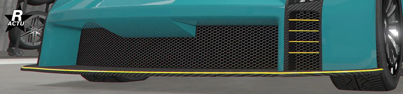 Séparateur en carbone avec finitions couleur secondaire sous le pare-chocs avant.