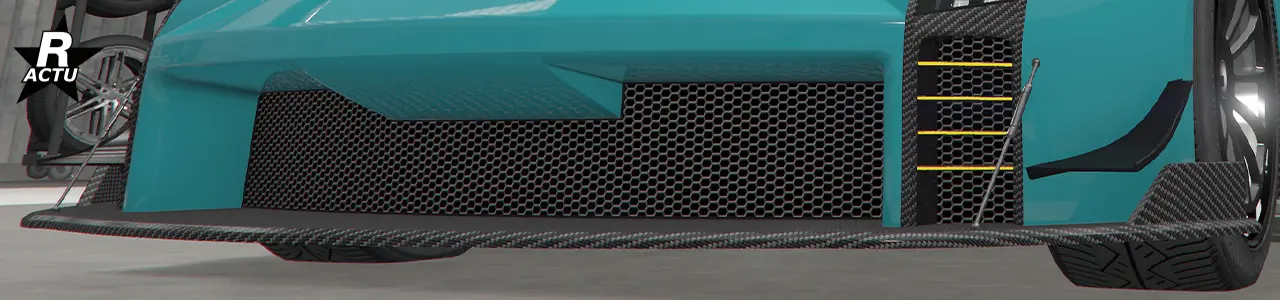 Séparateur ailé en carbone avec moustaches aérodynamiques de parte et d'autres du pare-chocs avant.