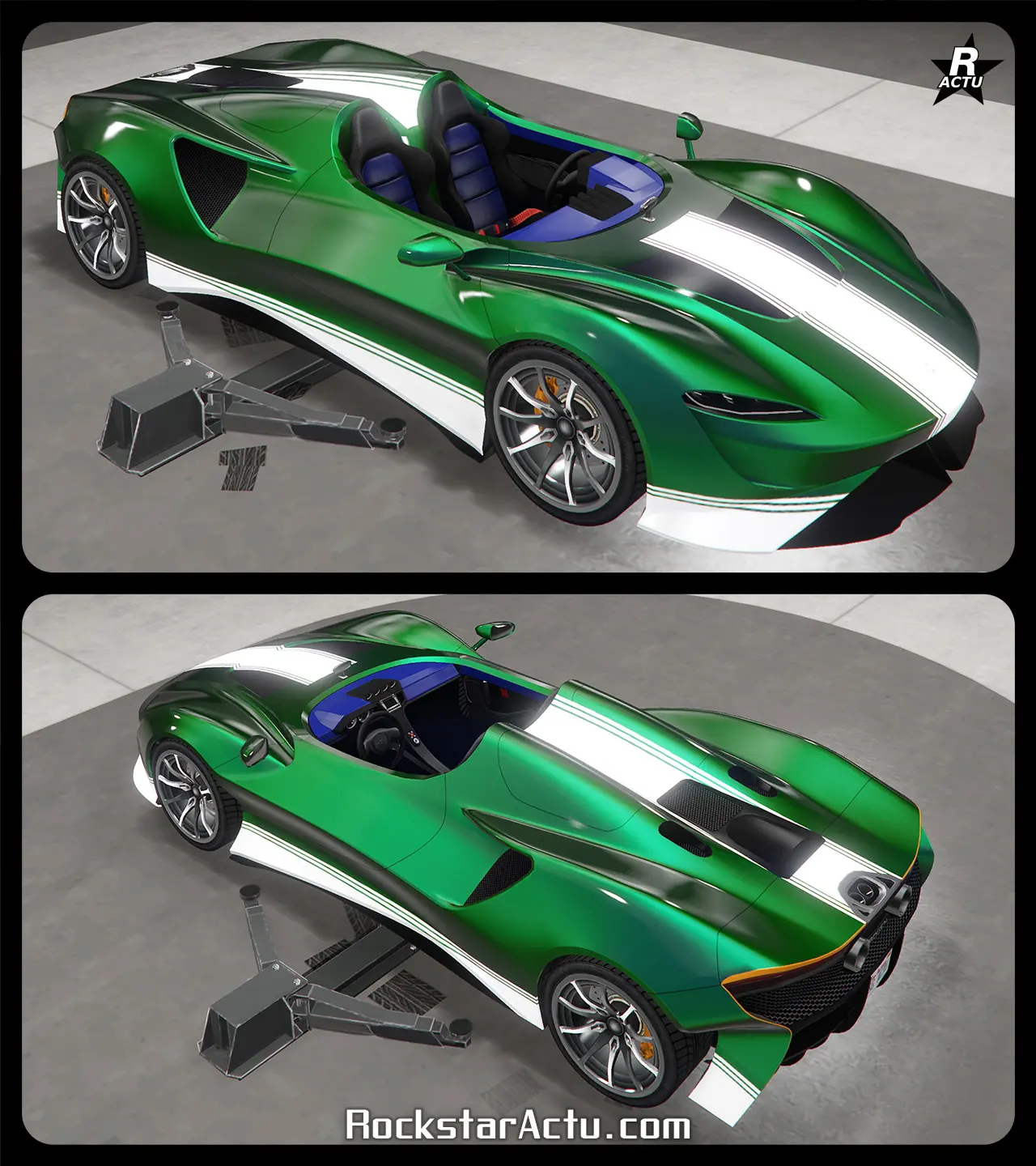 Bande blanche large sur le capot et le coffre du véhicule, ainsi qu'une autre bande blanche au niveau du bas de caisse sur les côtés latéraux.