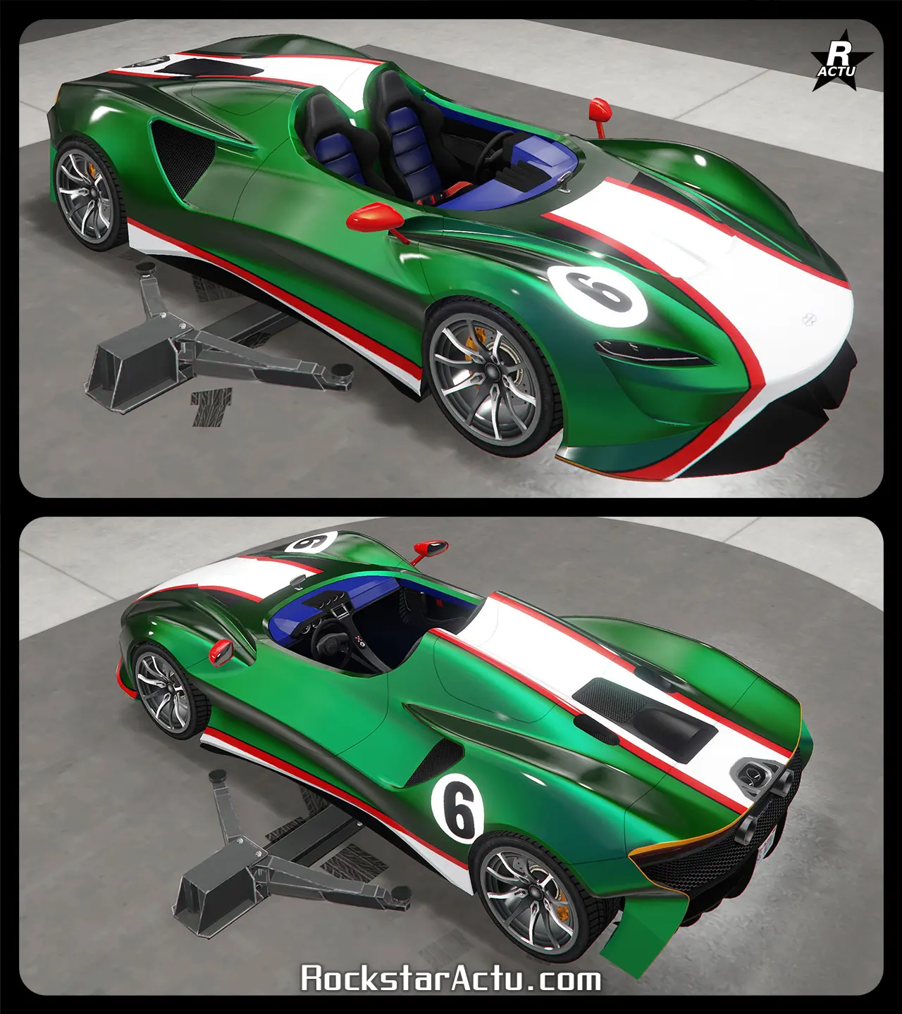 Motif ajoutant un bande large blanche aux bordures rouge du pare-chocs avant au pare-chocs arrière, ainsi qu'un vinyle indiquant le numéro de course "6" dans un autocollant blanc et rond.