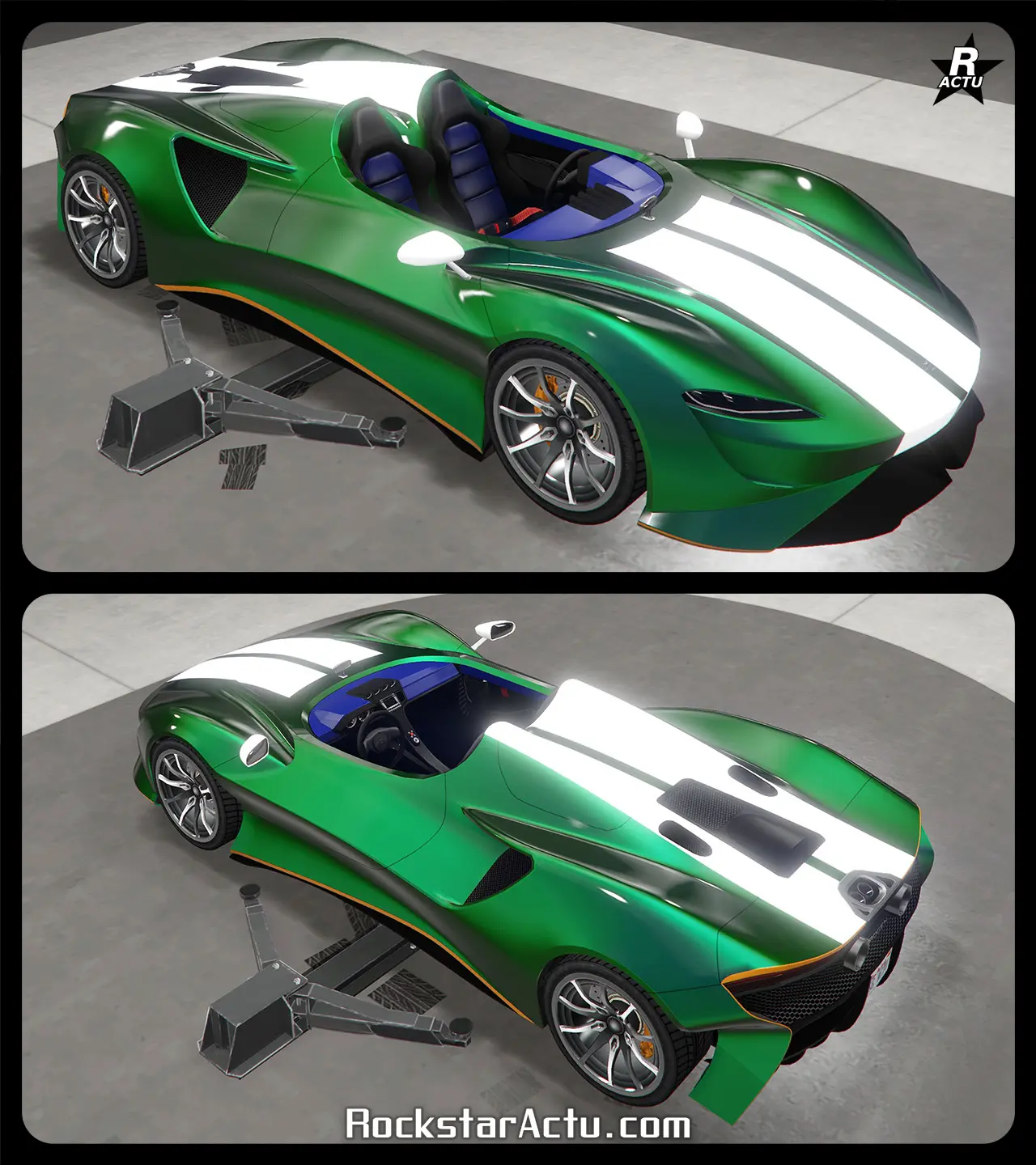 Double bandes larges de couleur blanche traversant verticalement la carrosserie de la Luiva.