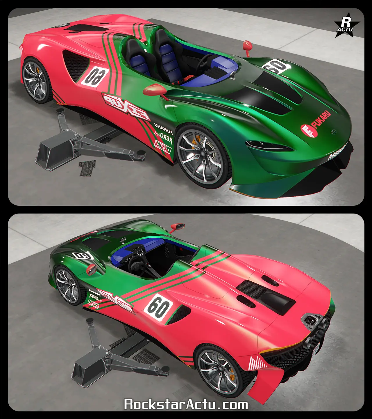 Vinyle recouvrant la partie arrière de la voiture avec une décalcomanie rouge, tout en ajoutant le logo Fukaru sur le capot.