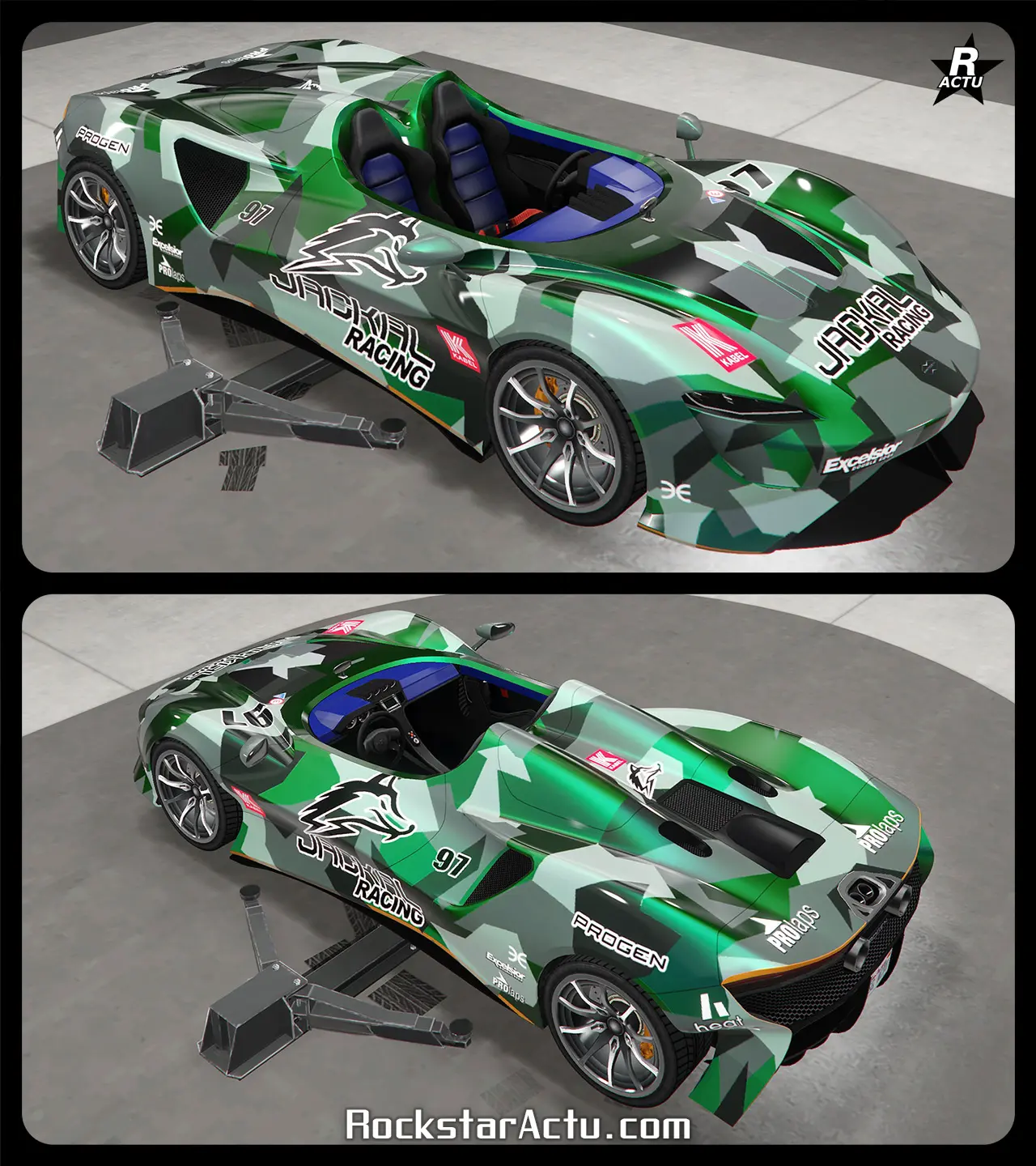 Skin de carrosserie militaire fris et noir, tout en ajoutant le logo "Jackal Racing" sur le capot et les portières du roadster Progen Luiva.