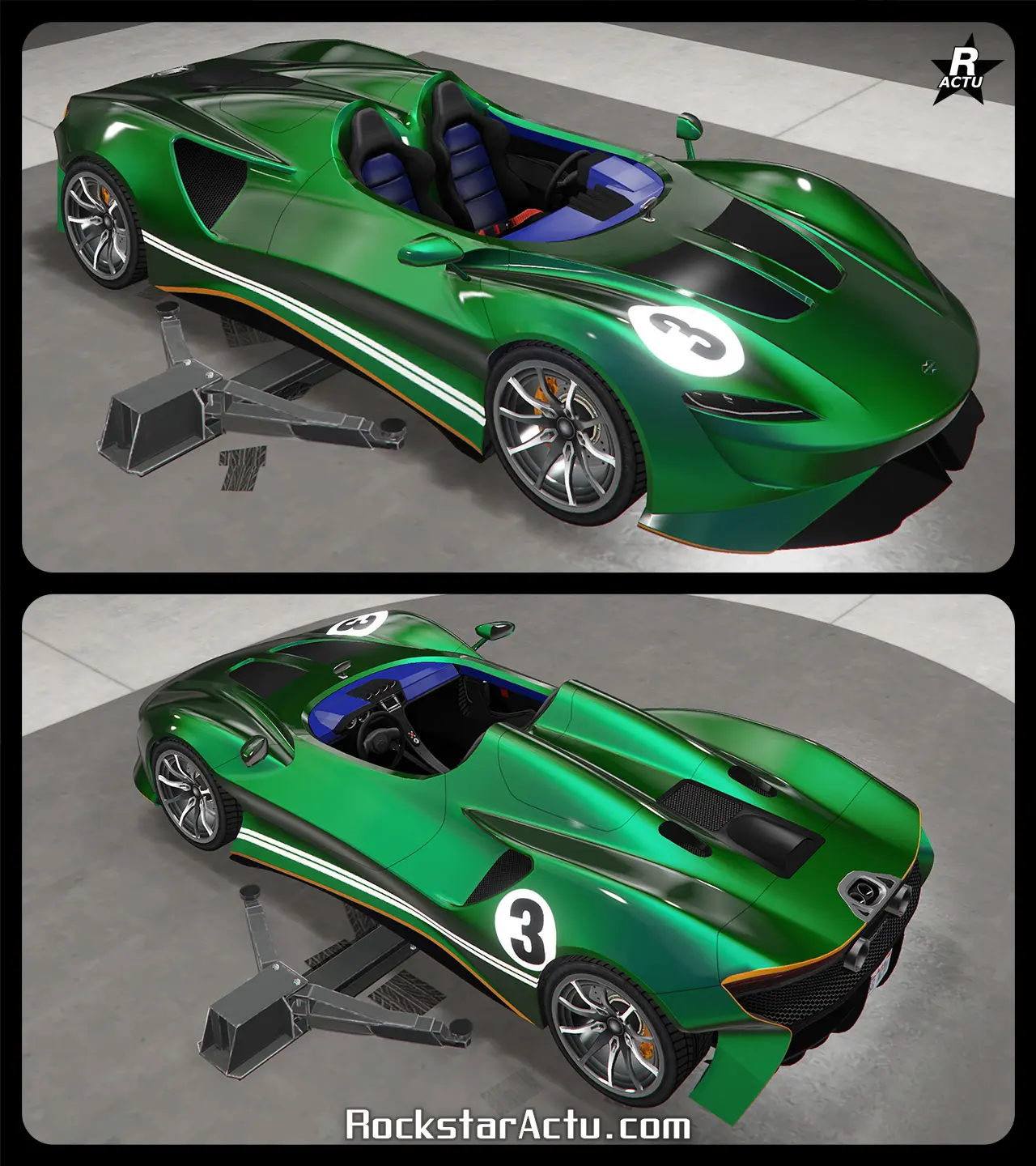 Décalcomanie d'une fine bande blanche au niveau du bas de caisse, ainsi qu'un autocollant du numéro de course "3" dans un rond blanc sur le capot et sur l'aille arrière.