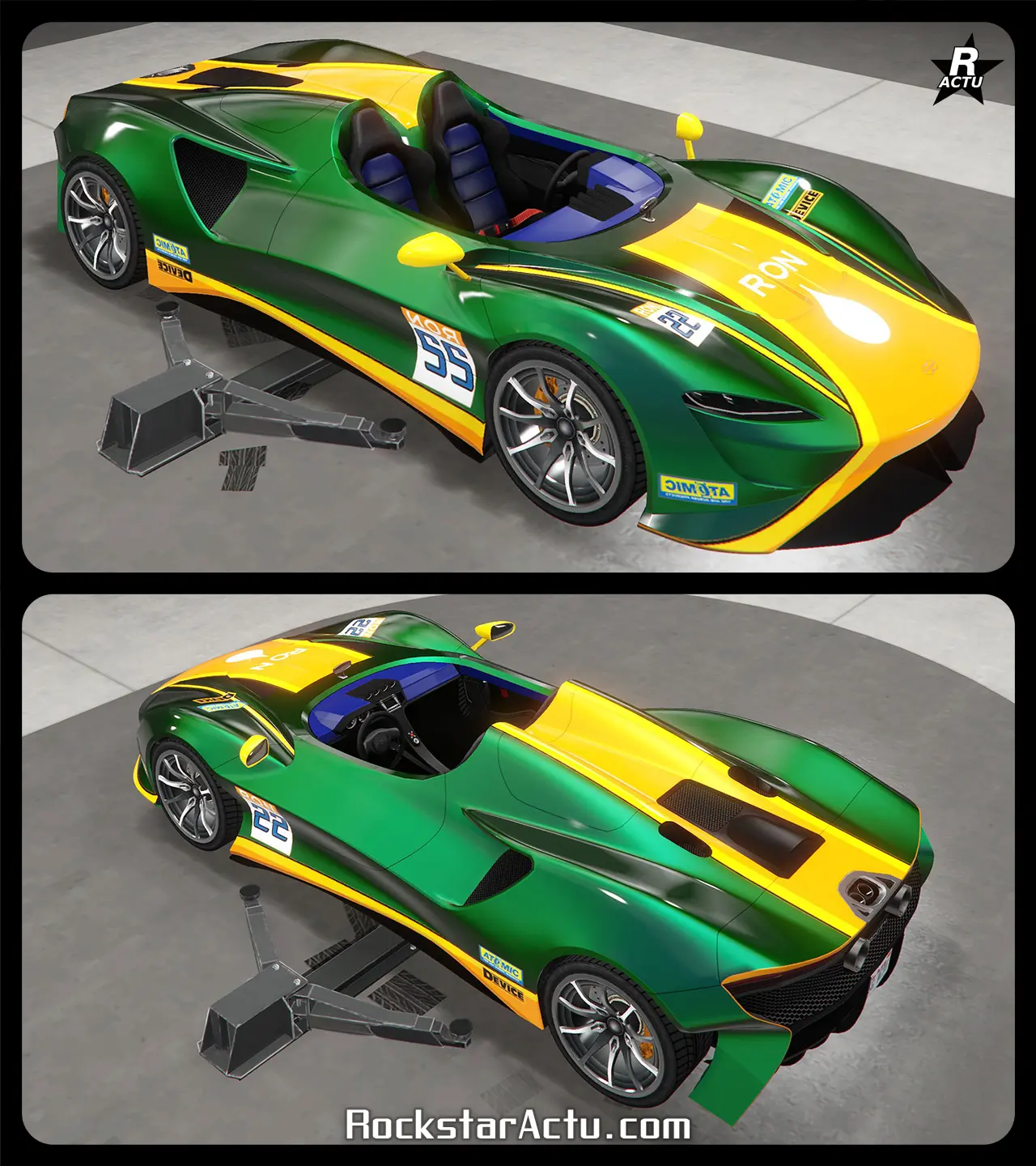 Motif ajoutant un bande large orange aux bordures jaune, du pare-chocs avant au pare-chocs arrière avec le logo de la compagnie RON au niveau du capot. Un vinyle indiquant le numéro de course "22" dans un autocollant blanc et carré se trouve sur les portières latérales.