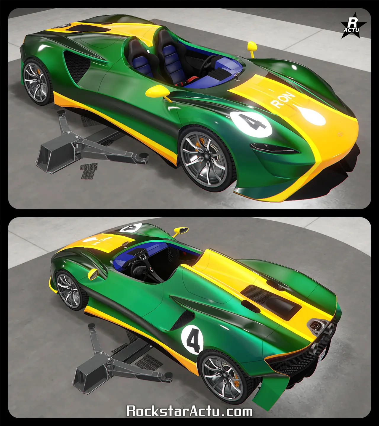 Motif ajoutant un bande large orange aux bordures jaune, du pare-chocs avant au pare-chocs arrière avec le logo de la compagnie RON au niveau du capot. Un vinyle indiquant le numéro de course "4" dans un autocollant blanc et rond se trouve sur le capot et l'aile arrière du bolide.
