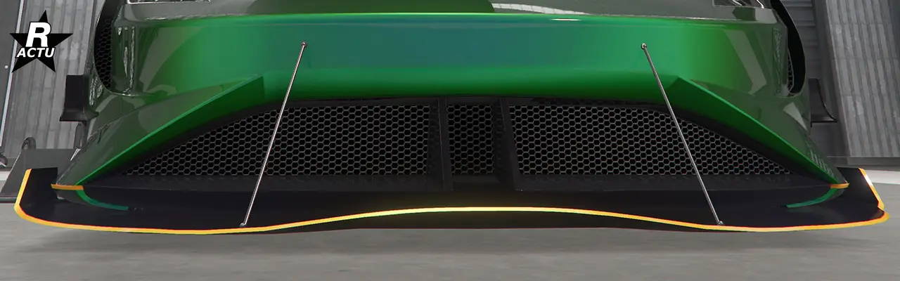 Séparateur avant avec bordure couleur secondaire, ailes aérodynamique sur ses côtés et moustaches sur le pare-chocs.