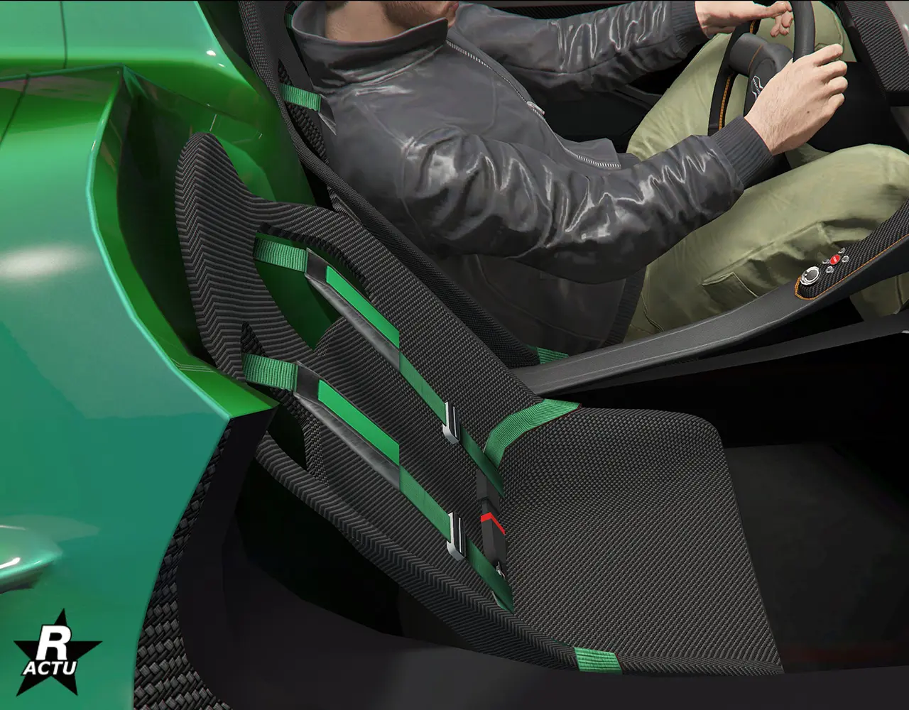 Sièges basquets en carbone et ceintures de sécurité style harnais couleur vert