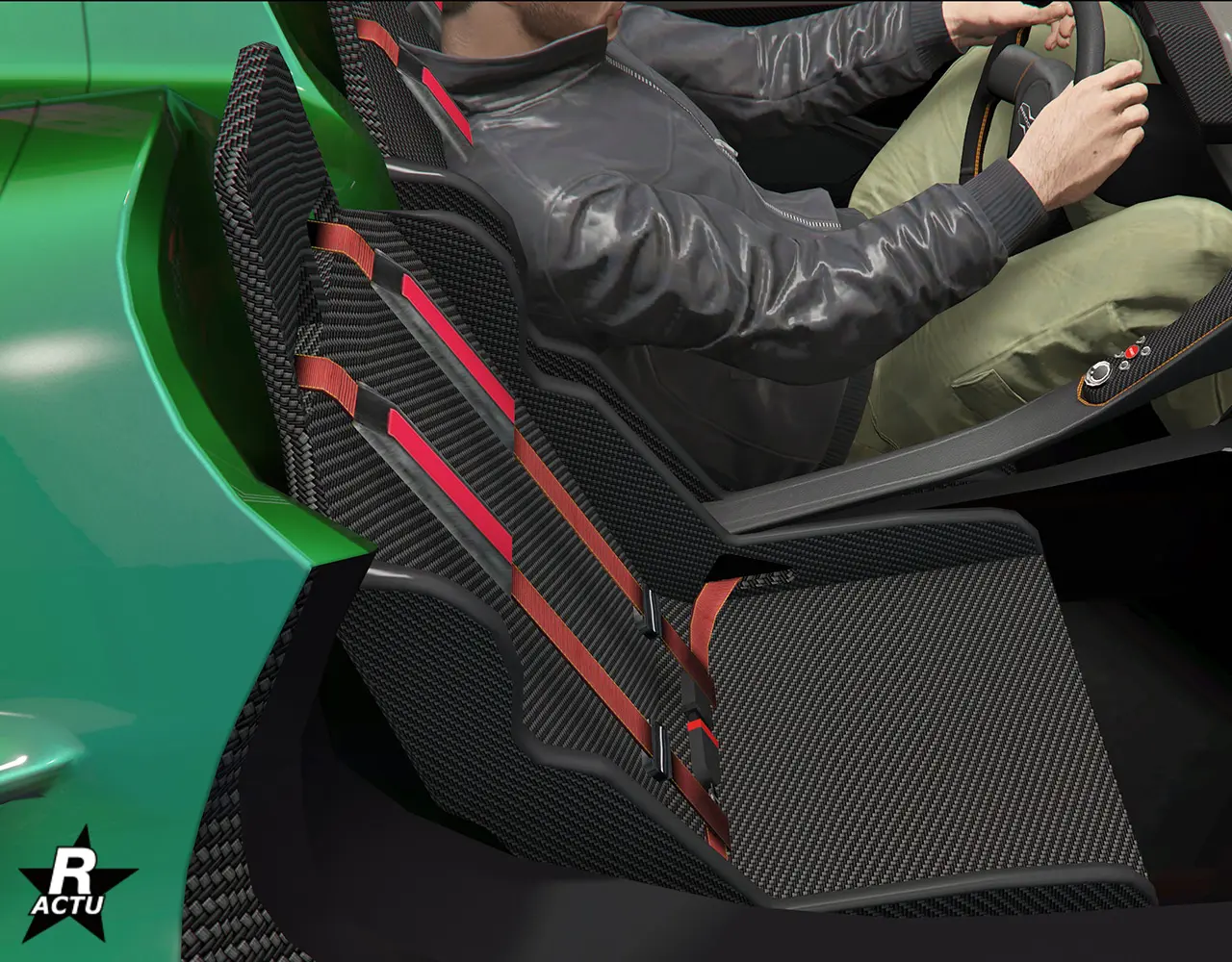 Sièges de course automobile en carbone avec ceintures de sécurité de type harnais de couleur rouge.