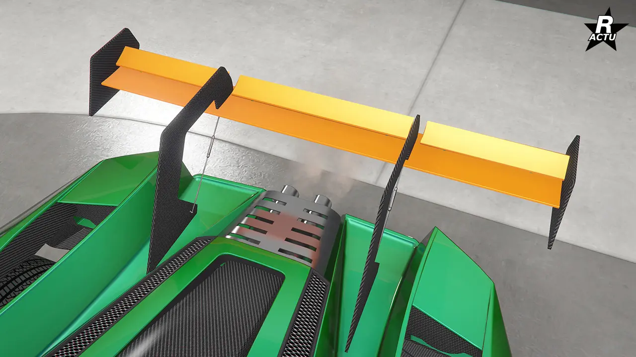 Grand aileron de course automobile avec lame couleur secondaire et fixations en carbone.