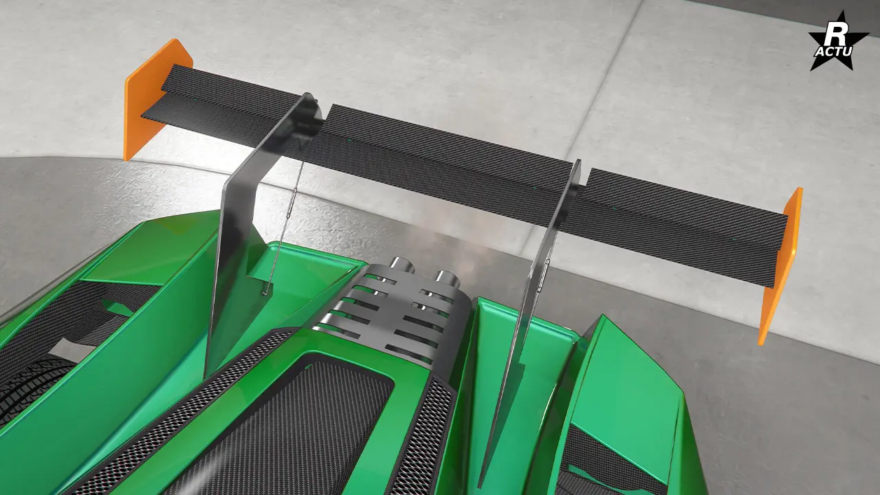 Grand aileron à lame en carbone, coins latéraux couleur secondaire et fixations chromées.