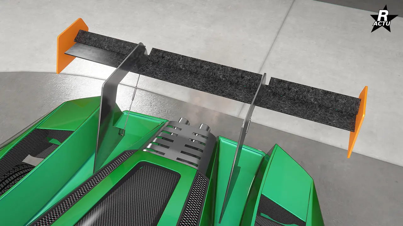 Grand aileron HSW à lame en carbone brut, coins latéraux couleur secondaire et fixations chromées.