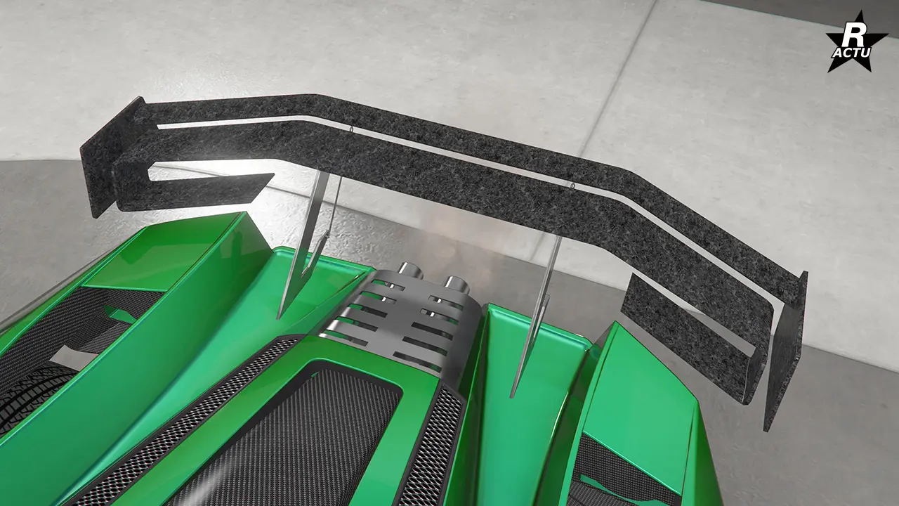 Aileron HSW en carbone brut à lames courbées sur deux niveaux avec support de fixations chromées.