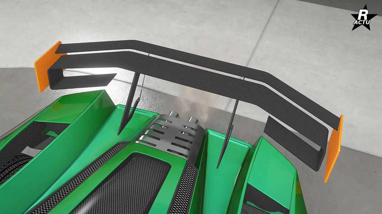 Aileron performance à lames courbées sur deux niveaux et côtés latéraux couleur secondaire.