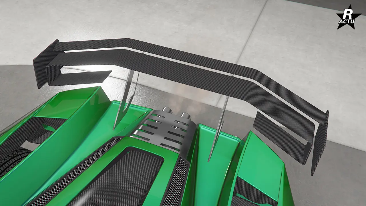 Aileron en carbone à lames courbées sur deux niveaux avec support de fixations chromées.