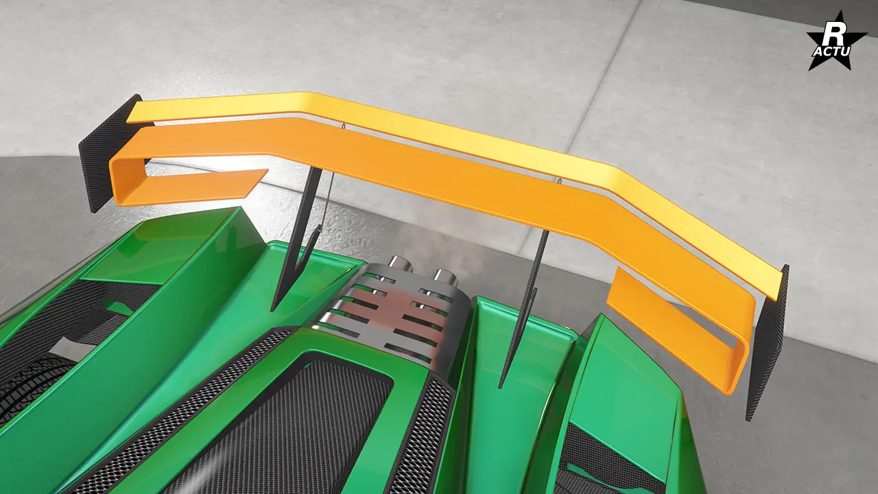 Aileron performance à lames courbées de couleur secondaire sur deux niveaux et côtés latéraux en carbone.