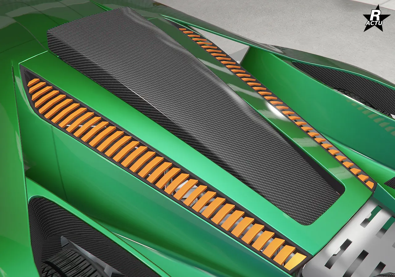 Calandre à lamelles horizontales peintes dans la couleur secondaire sur le capot arrière.