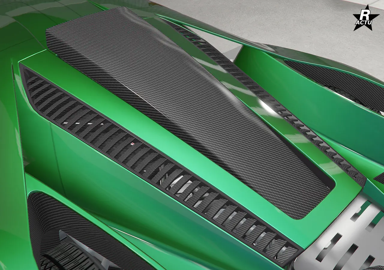 Calandre à lamelles horizontales en carbone sur le capot arrière du véhicule.